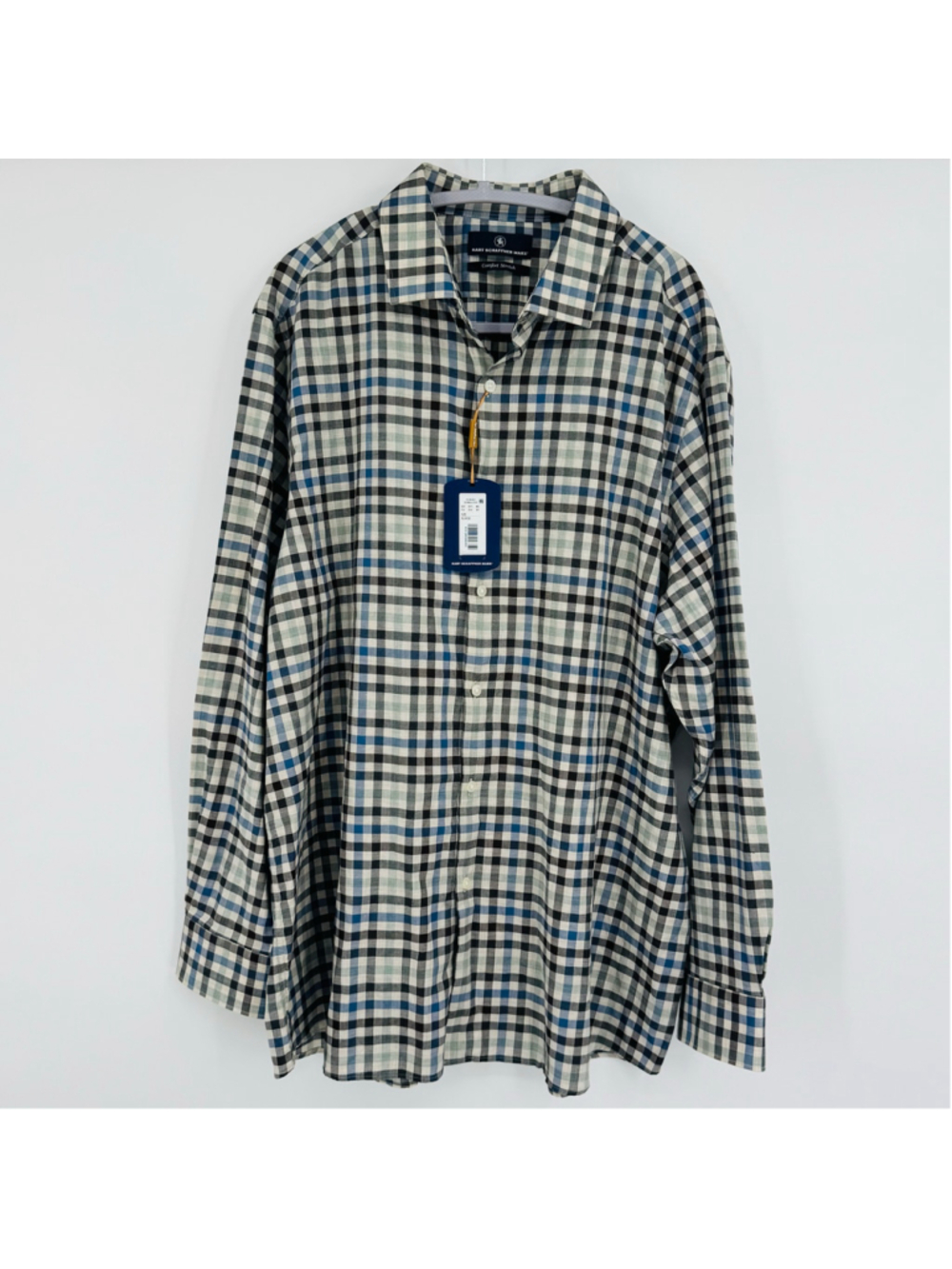 NWT Hart Schaffner Marx Casual Button Down Shirt XL Beige Blue Plaid